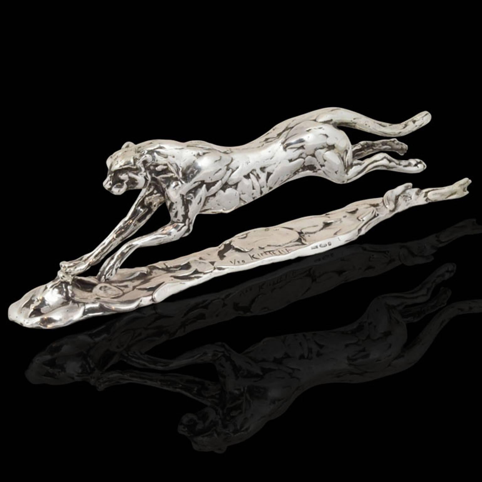 The limited edition finely modelled cheetah racing across the ground at full speed, his head and front legs stretched forward and his back legs and tail flying out behind him.  His body at full stretch creates a graceful and streamlined figure. He