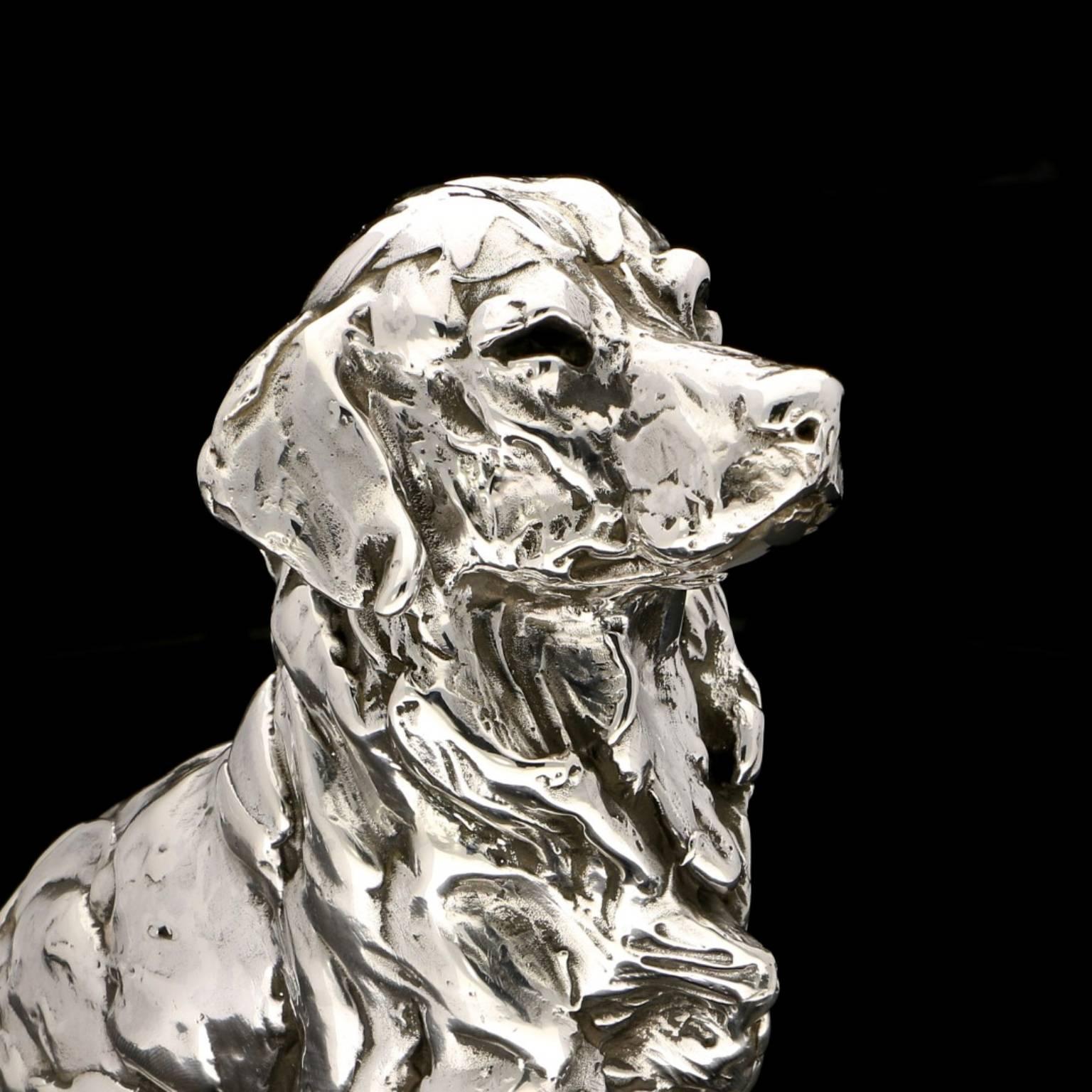 Seated Golden Retriever sterling silver sculpture - Sculpture by Lucy Kinsella