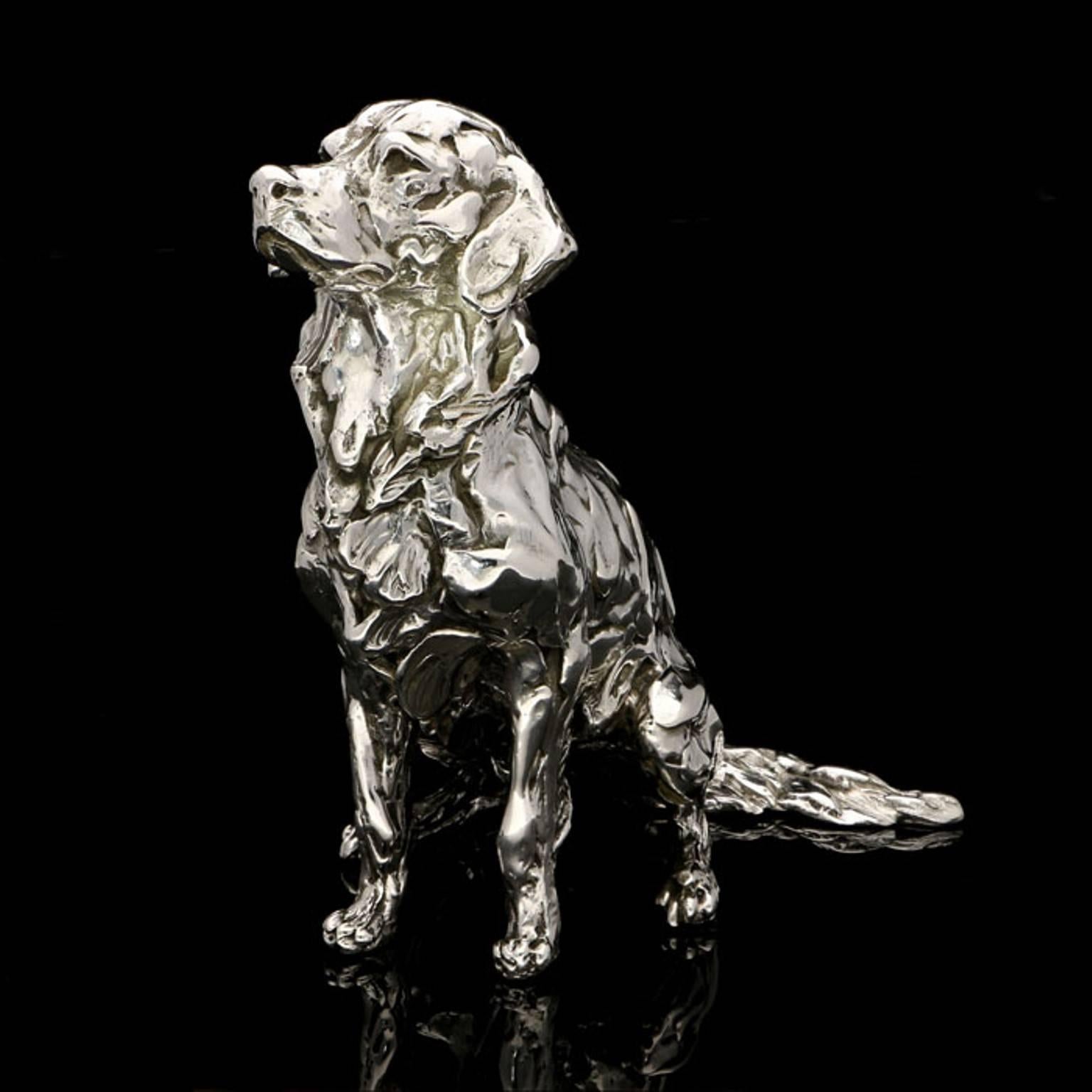 Seated Golden Retriever sterling silver sculpture - Contemporary Sculpture by Lucy Kinsella