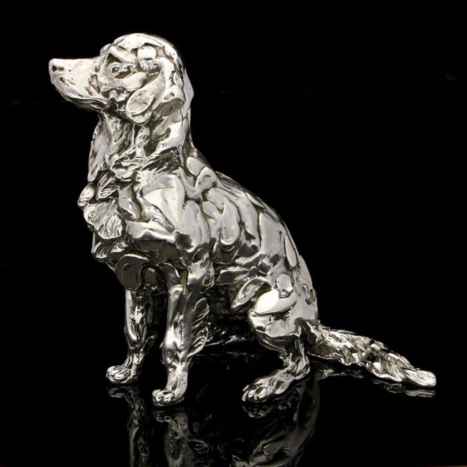 Seated Golden Retriever sterling silver sculpture - Silver Figurative Sculpture by Lucy Kinsella