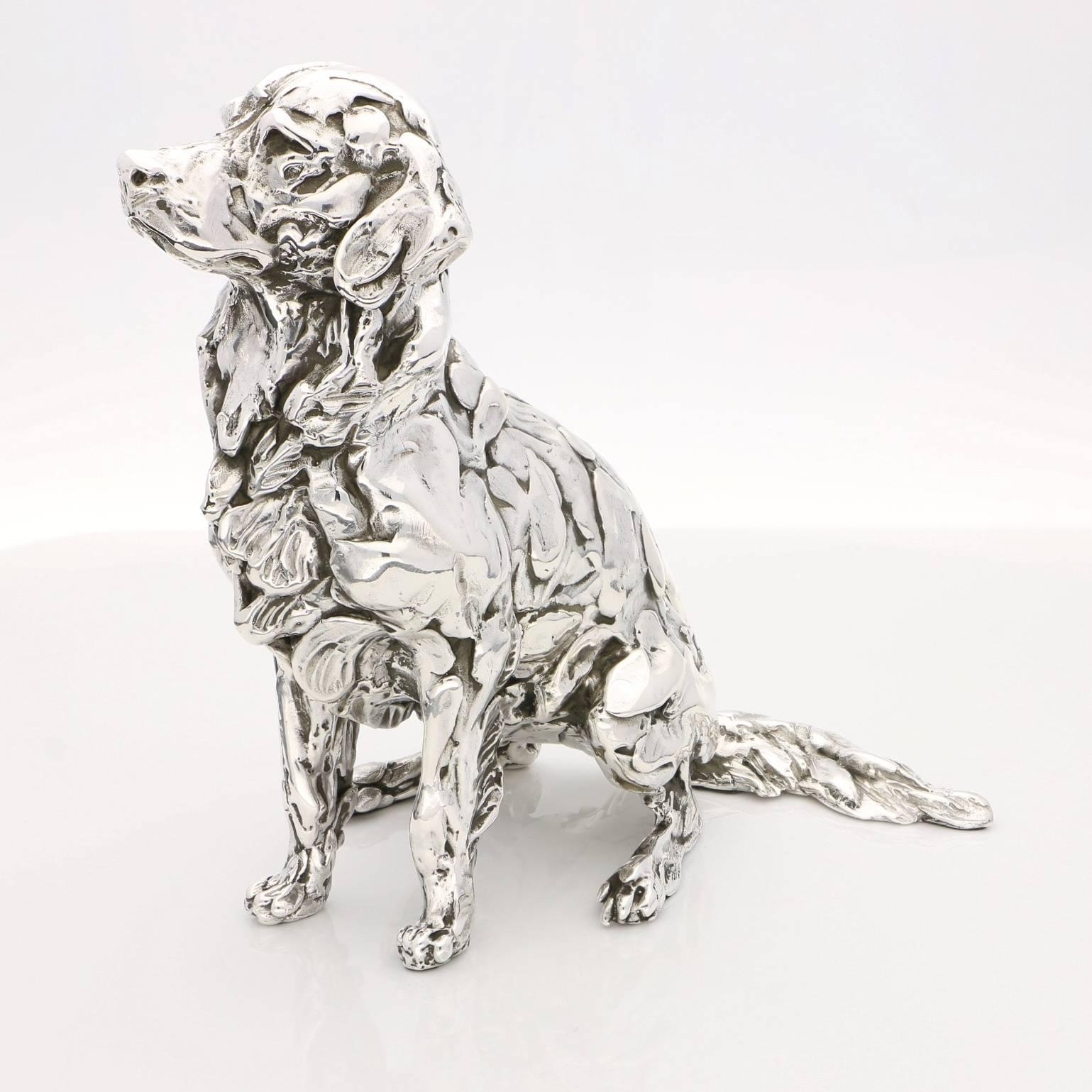 Lucy Kinsella Figurative Sculpture - Seated Golden Retriever sterling silver sculpture