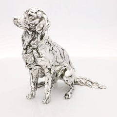 Seated Golden Retriever sterling silver sculpture