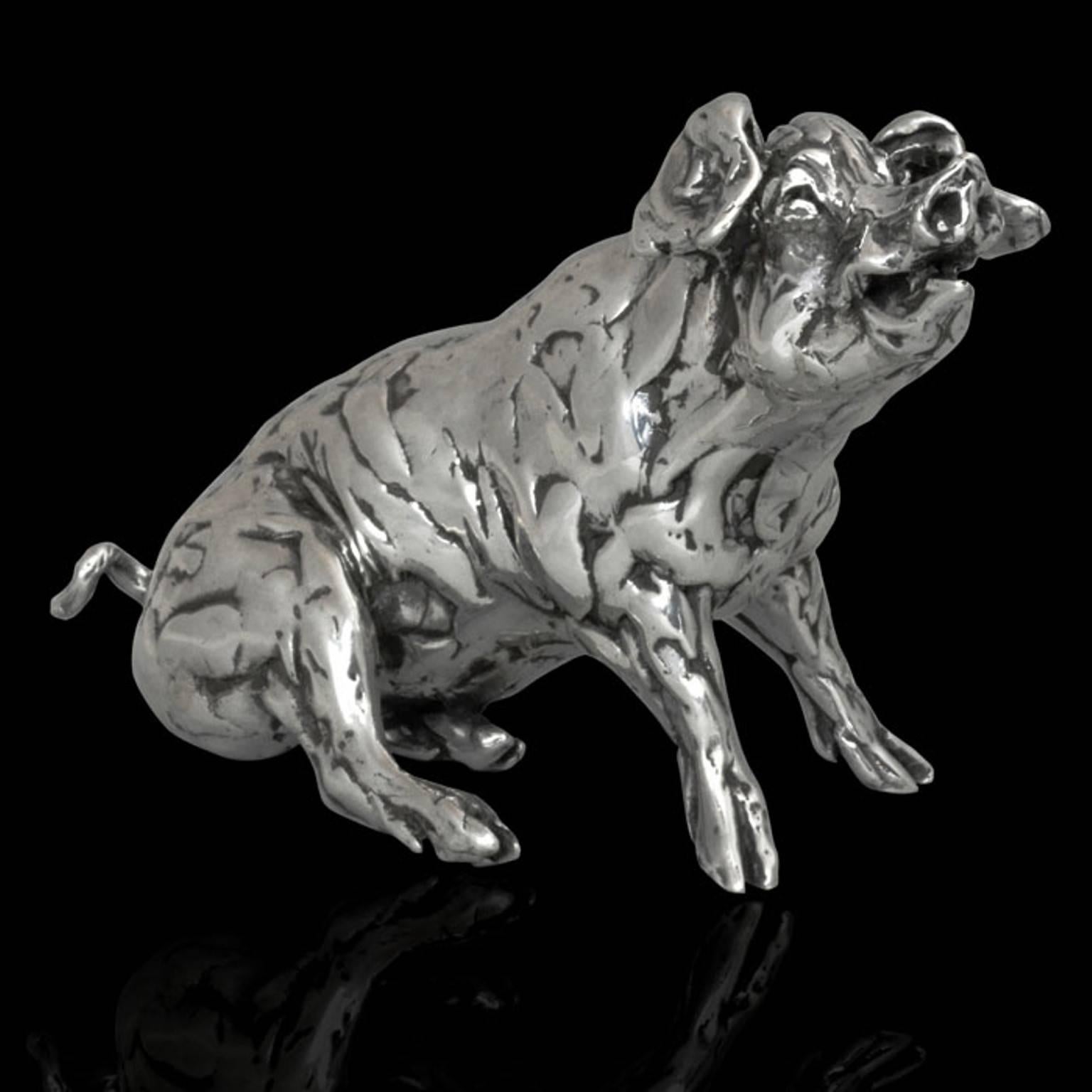 Lucy Kinsella Figurative Sculpture - 'Seated Pig' Sterling Silver Limited Edition Sculpture by Lucy Linsella