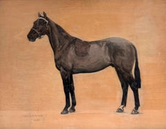 1930's Óleo Caballo de carreras pura sangre marrón oscuro de pie de perfil Pintura firmada