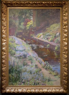 Original Antique Large English Garden Flower Scene Oil Painting by Lucy Lockwood