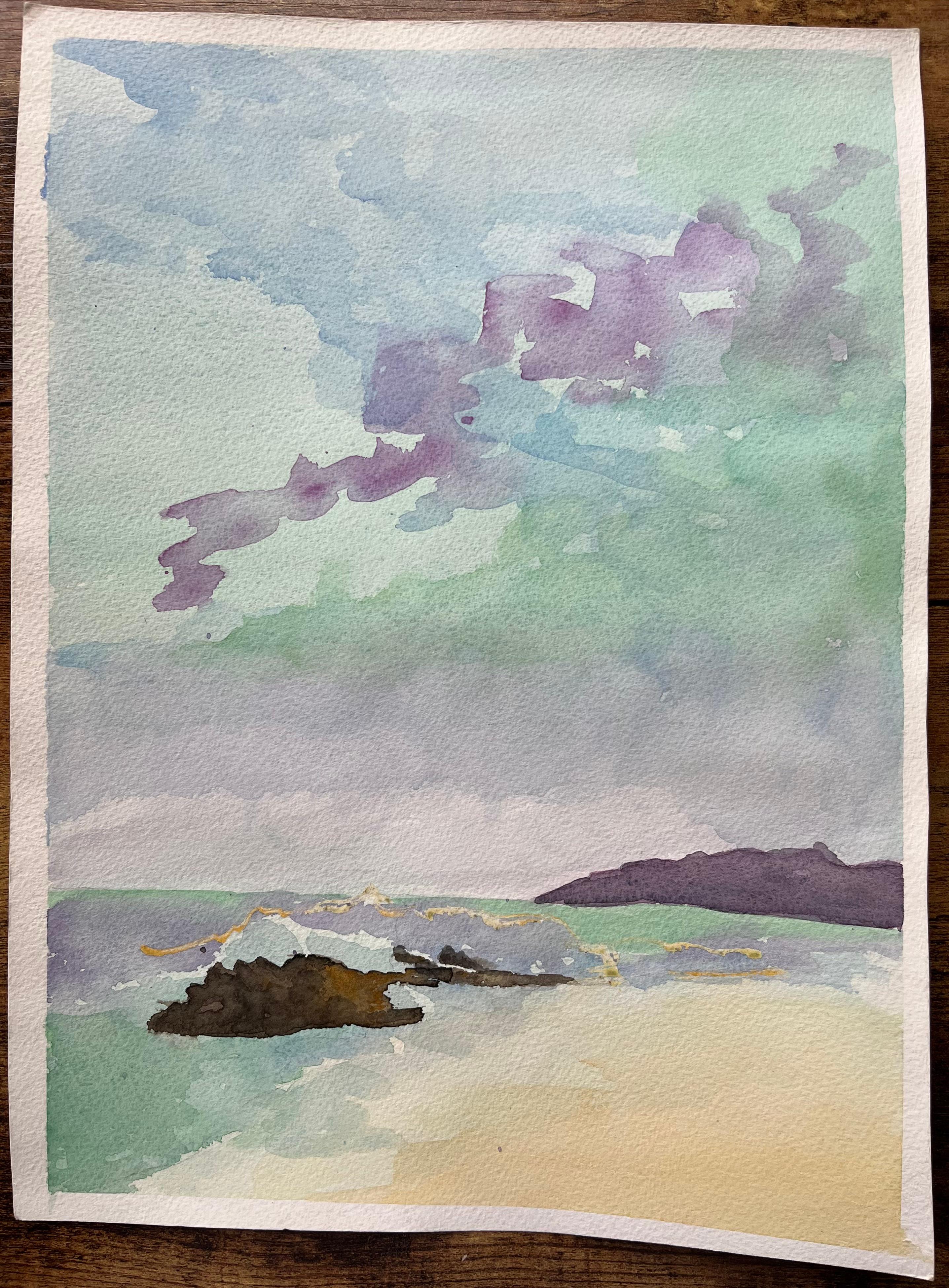 Acuarela moderna de paisaje marino con roca y cielo vibrante - Painting de Lucy M. Turner