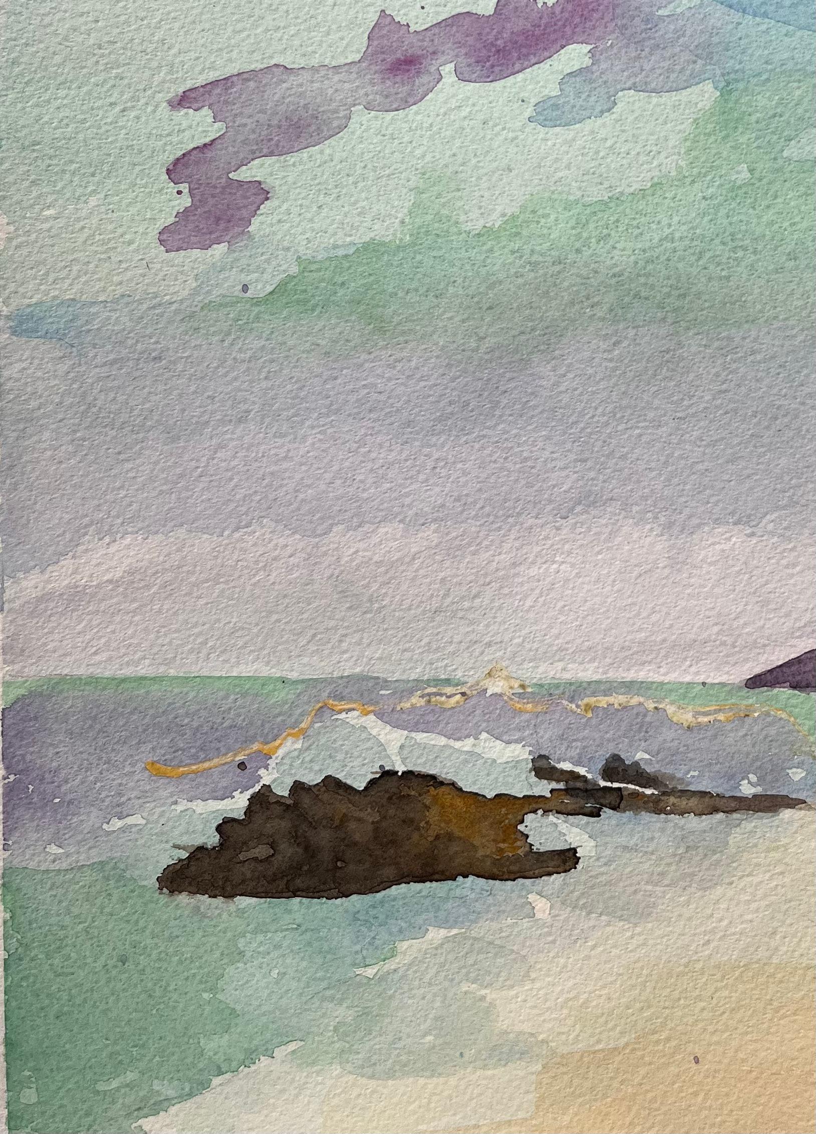 Acuarela moderna de paisaje marino con roca y cielo vibrante - Painting Impresionista de Lucy M. Turner