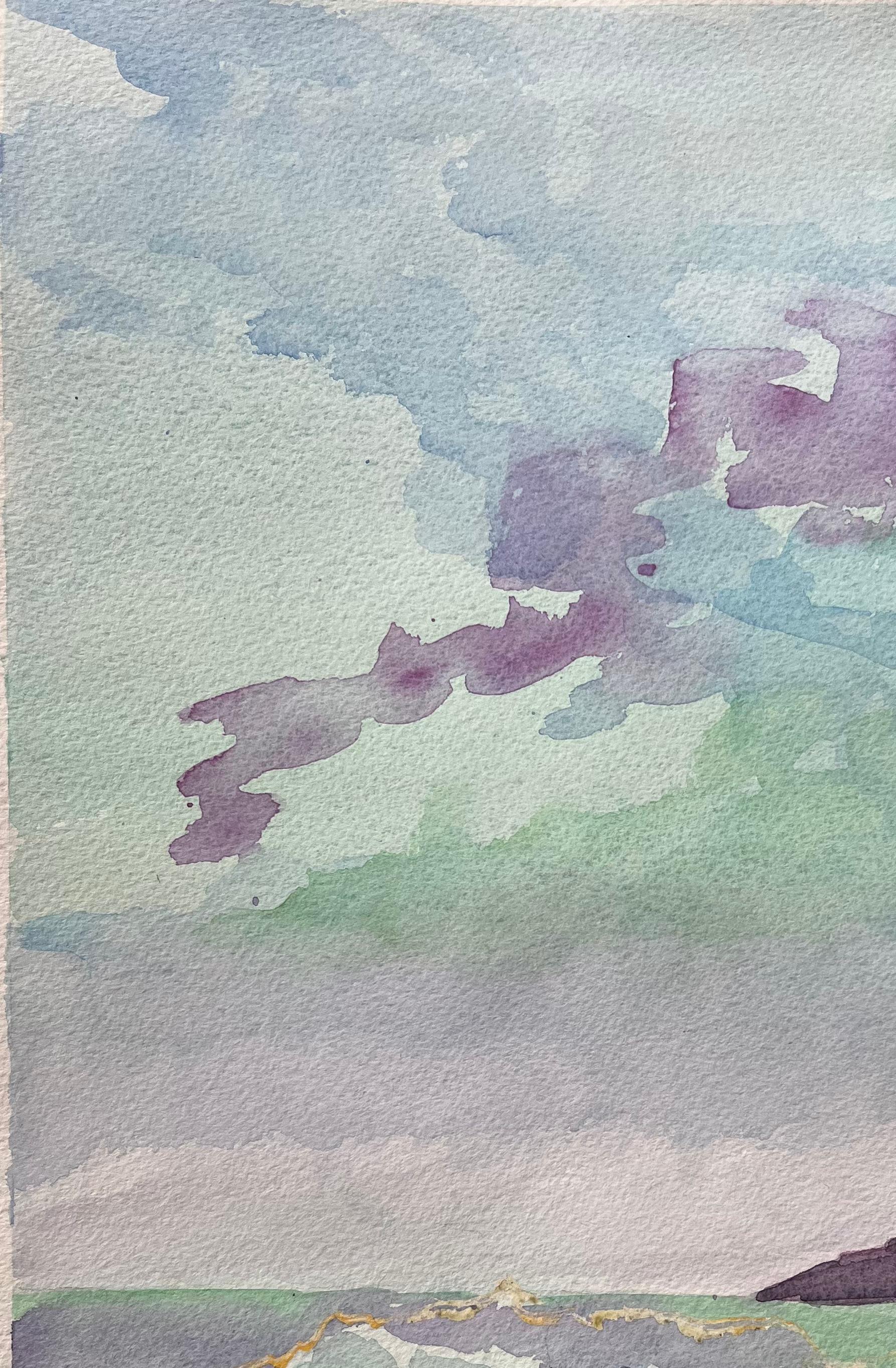 Acuarela moderna de paisaje marino con roca y cielo vibrante - Landscape Painting Gris de Lucy M. Turner