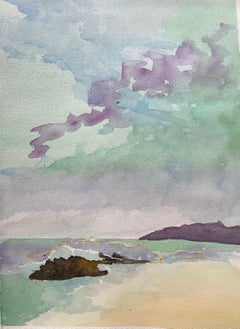 The Moderns Seascape Watercolor with Rock and Vibrant Sky (aquarelle de paysage marin moderne avec des rochers et un ciel vibrant)