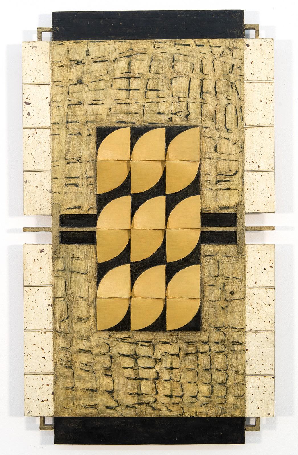 Lucy Maki Abstract Painting - Gold Lantern - yellow, white, black, abstract, three dimensional wall sculpture