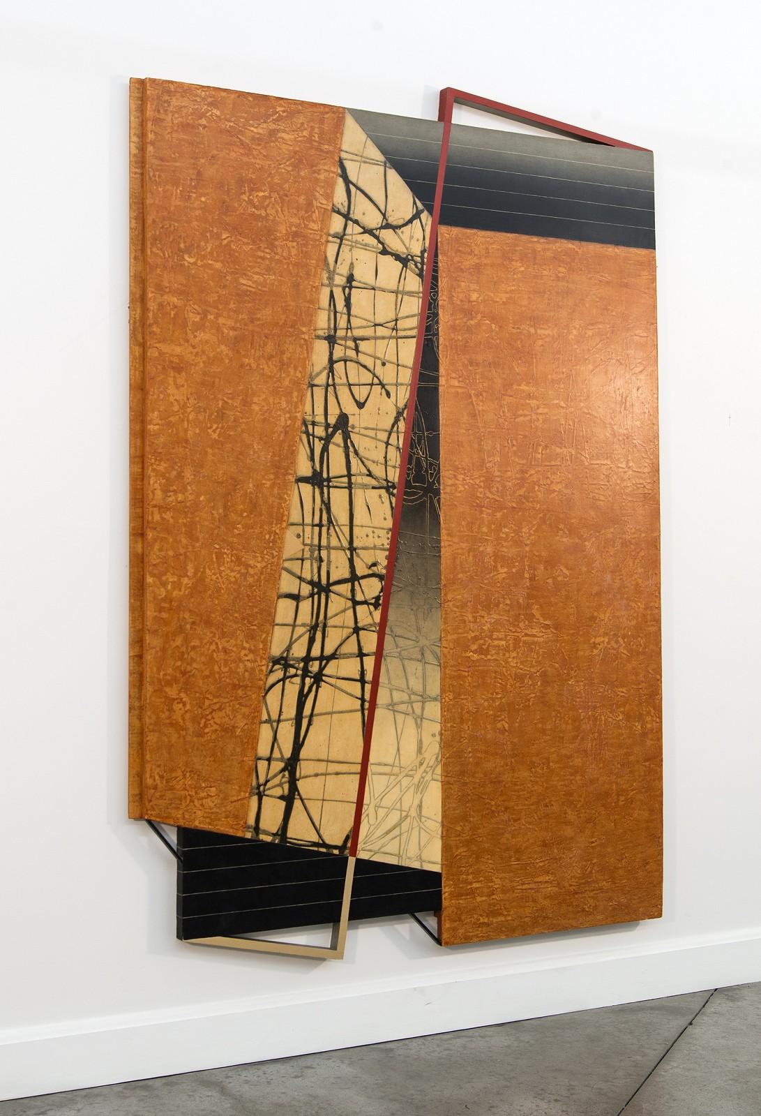 Shifting Latitude - orange, black, abstract, three dimensional, wall sculpture - Painting by Lucy Maki