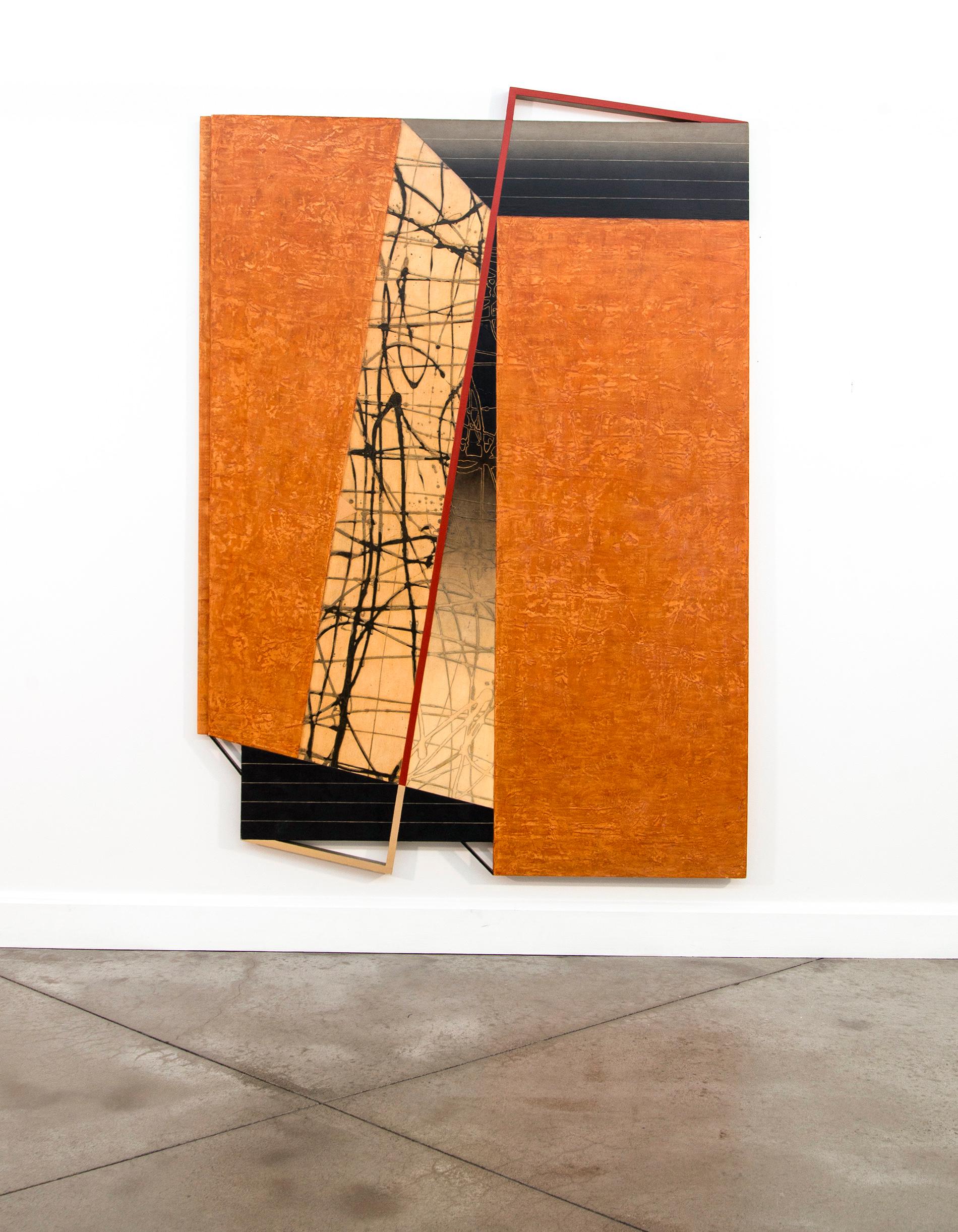 Shifting Latitude - orange, black, abstract, three dimensional, wall sculpture - Brown Abstract Painting by Lucy Maki