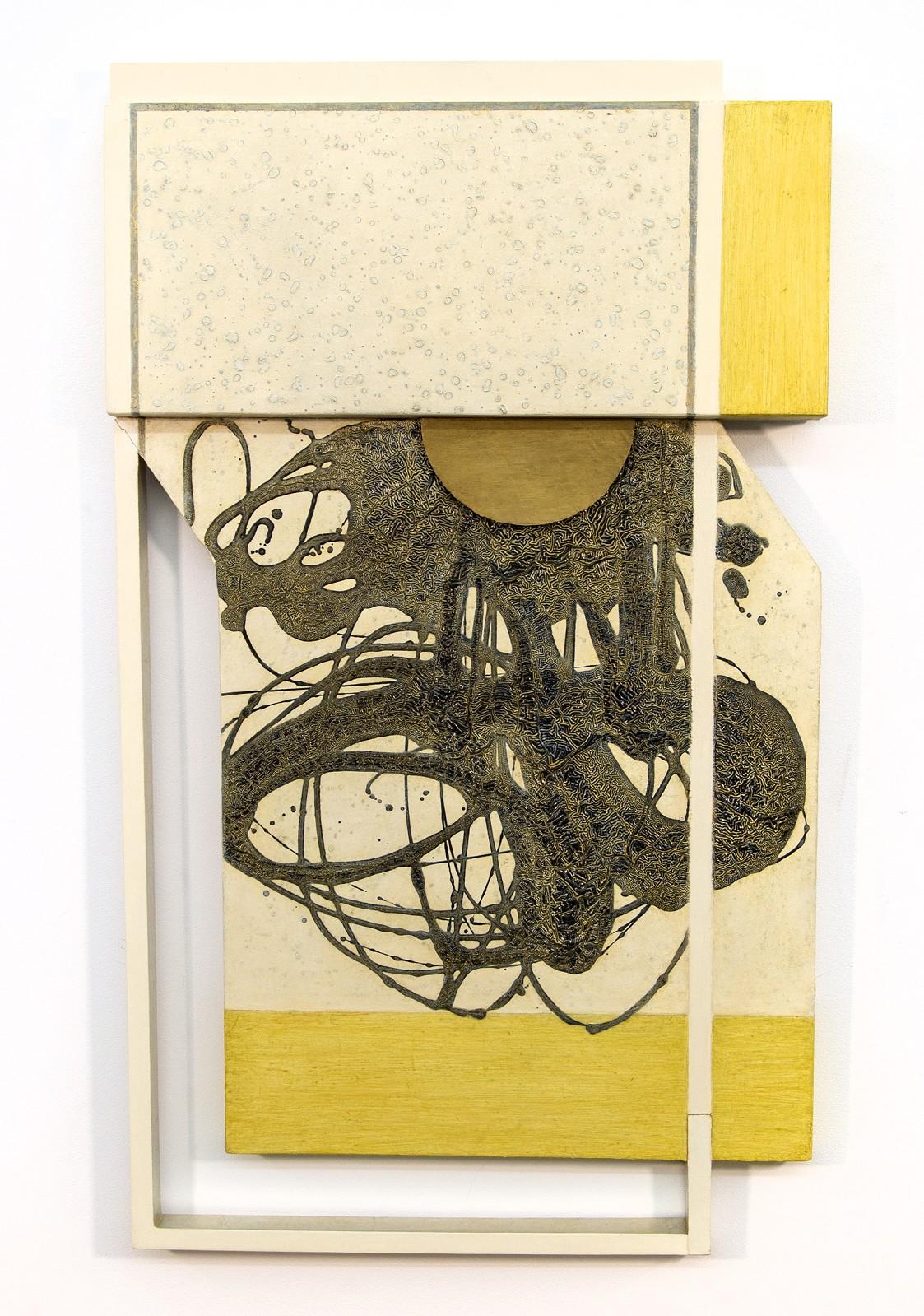 Lucy Maki Abstract Sculpture - Thinking Outside The Box - yellow, white, abstract, three dimensional, wall art