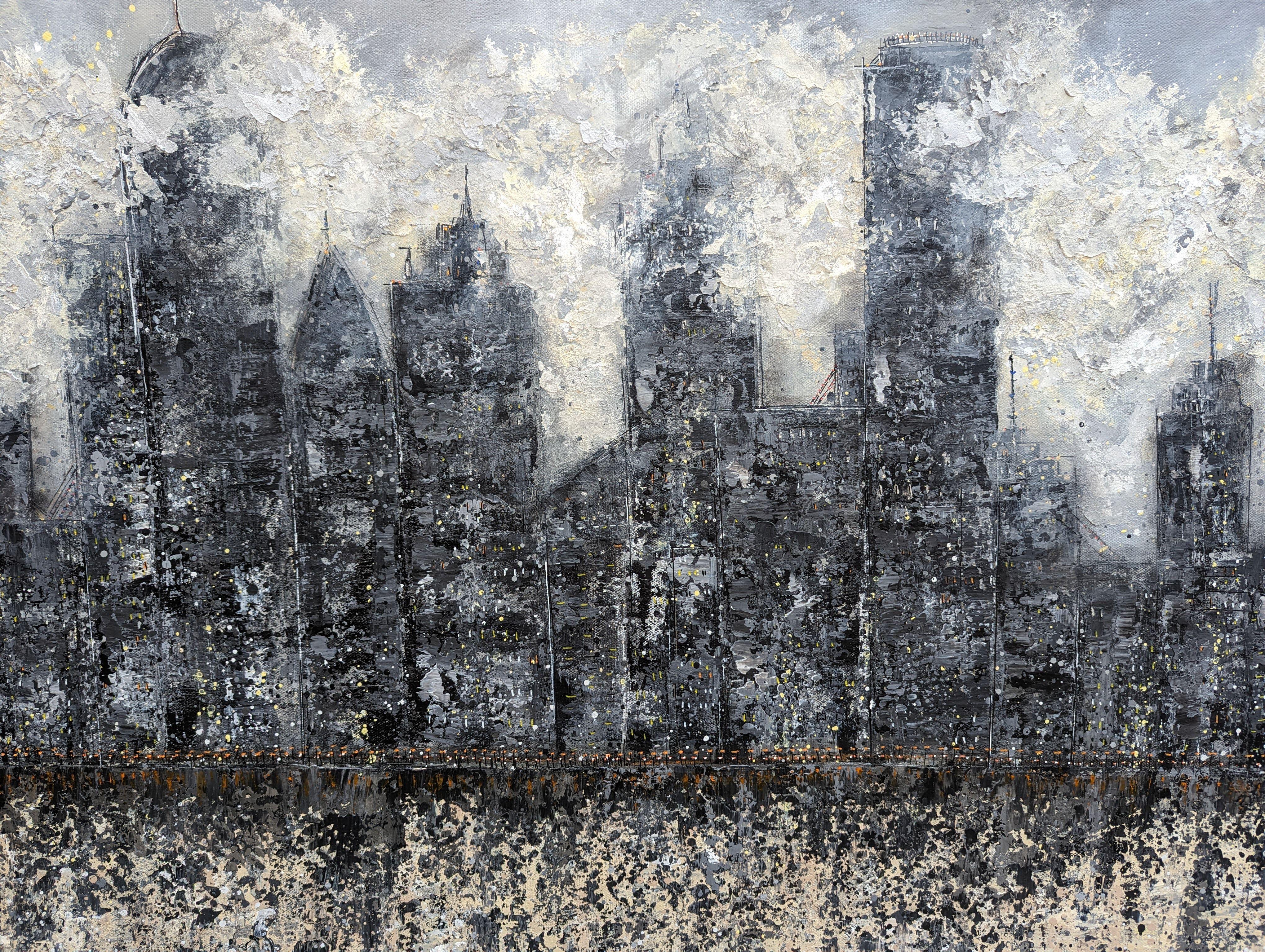 Midnight Metropolis - Head In The Clouds, Painting, Acrylic on Canvas - Gray Abstract Painting by Lucy  Moore