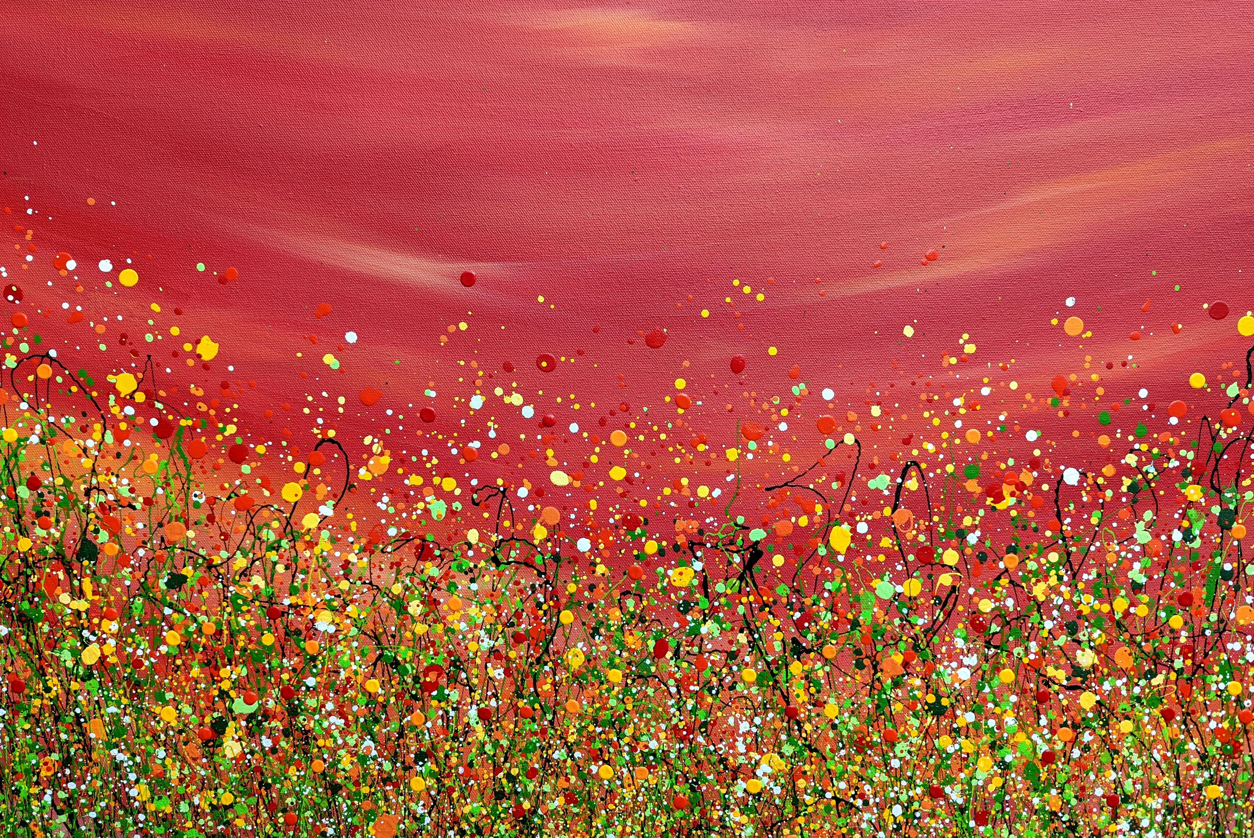 Red Sky At Night #9 76 x 76 cm     really pleased with the vibrancy of this piece.    Signed on the Front  Ready To Hang  Edges painted white    A large statement piece to brighten any home or office.    Using my signature stringy grass technique I