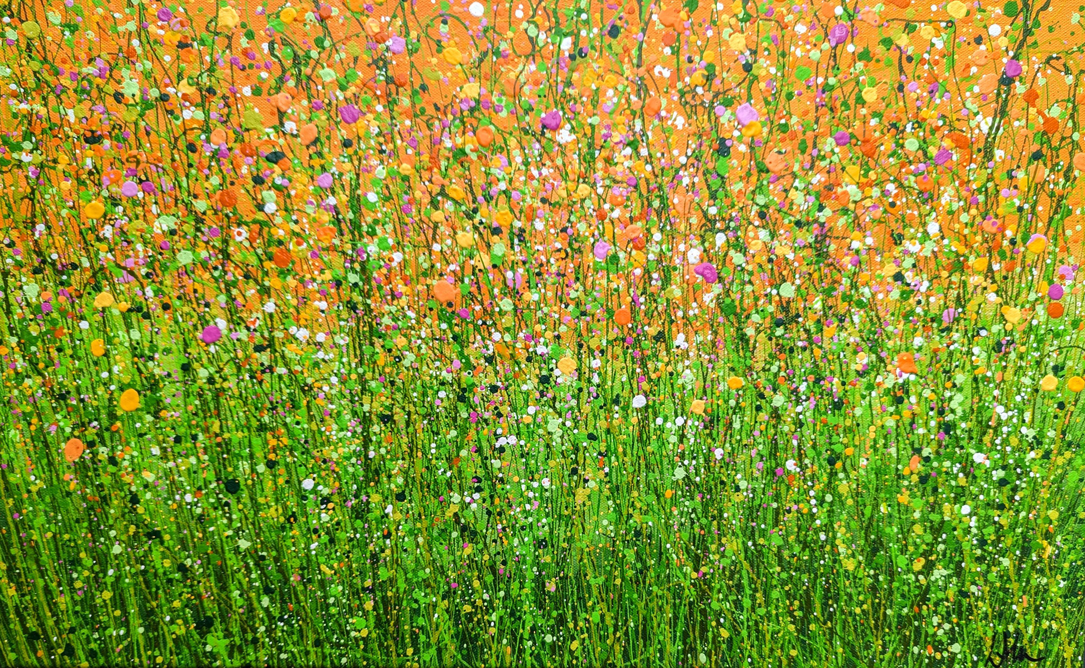 Tangerine Dream #9    60 x 60 cm    really pleased with the vibrancy of this piece.    Signed on the Front  Ready To Hang  Edges painted white    A large statement piece to brighten any home or office.    Using my signature stringy grass technique I
