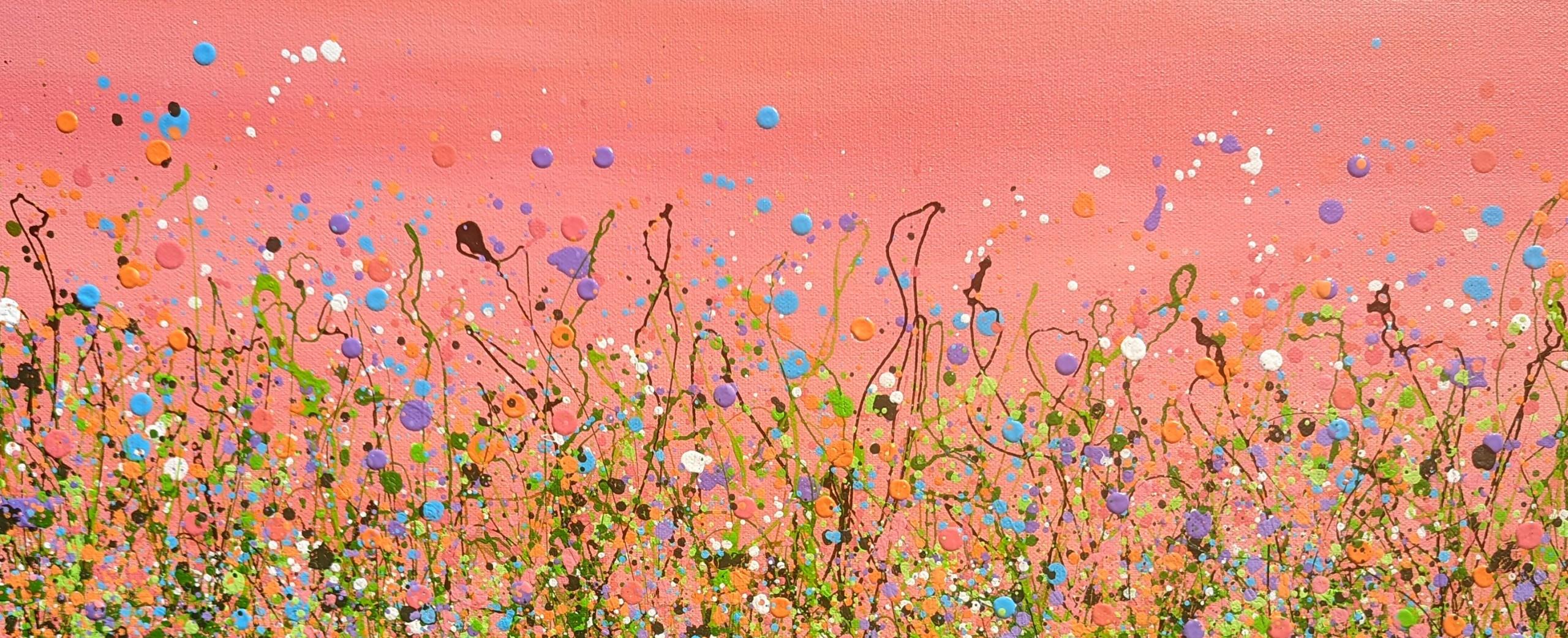 Flamingo Sky Meadows #5 by Lucy Moore, Floral, Wildflowers, Contemporary art - Brown Landscape Painting by Lucy Moore 