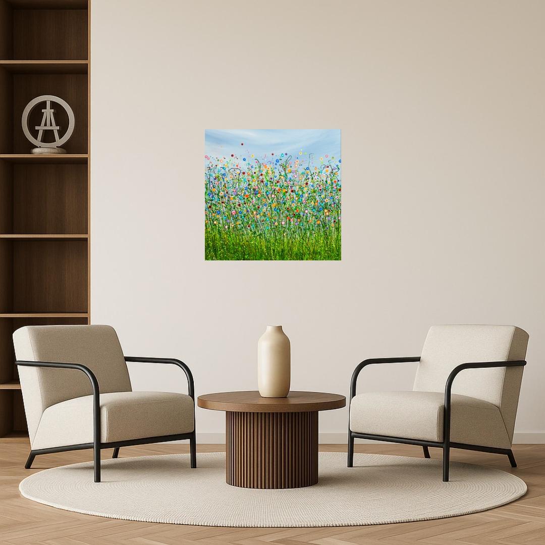 Schönheit im Chaos Mein mit leuchtenden Acrylfarben gemaltes Bild strotzt vor Leben und verkörpert die Essenz einer Traumwiese. Es ist eine abstrakte, impressionistische Feier der wilden, ungezähmten Schönheit der Natur. Wir lieben die