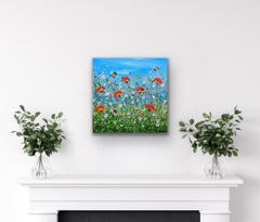 Bumble Bees and Tulips #2, Abstract Wild Flower Painting, Colourful Nature Art