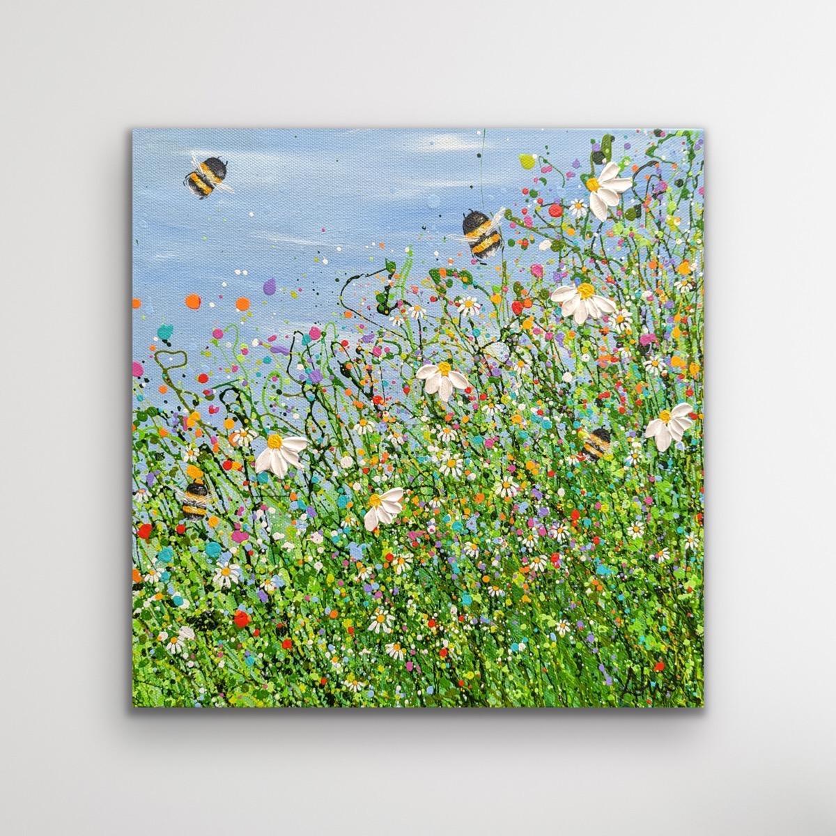 Bumbling Meadows 2 - Using a little texture I have created this happy flourish with little bees going about there day. I love to splash around with colour creating wild abstract fields of flowers. 30 x 30 cm 1.5cm thickness Acrylic on canvas I love