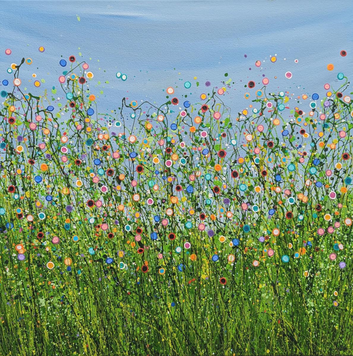 Landscape Painting Lucy Moore - Chaotic Beauty #4, Peinture originale, Prairie florale, Nature, Grey, Red art