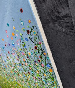 Chaotic Beauty #5, Original painting, Floral meadow, Nature, Grey, Red art