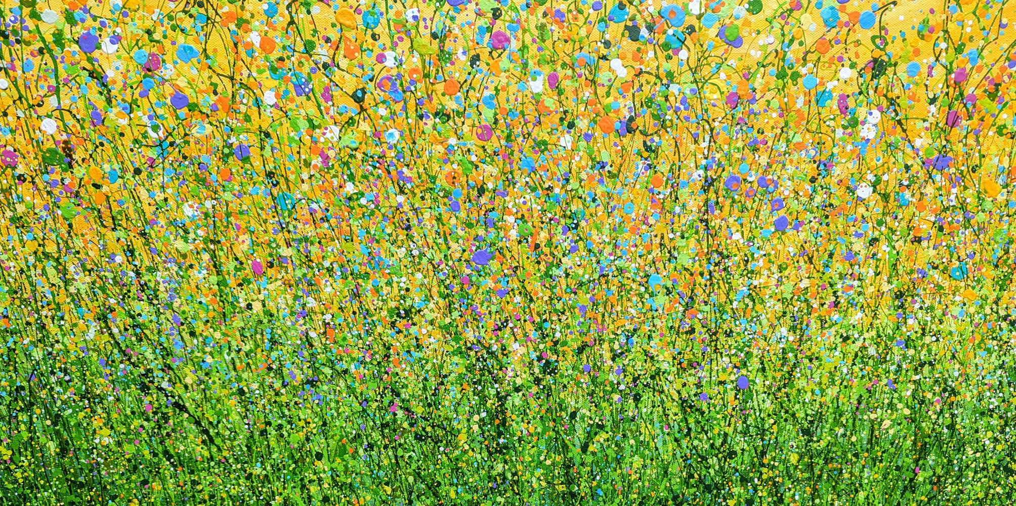 It's Only When You Fall That You Fly #7, floral art, meadow art, original art - Yellow Landscape Painting by Lucy Moore