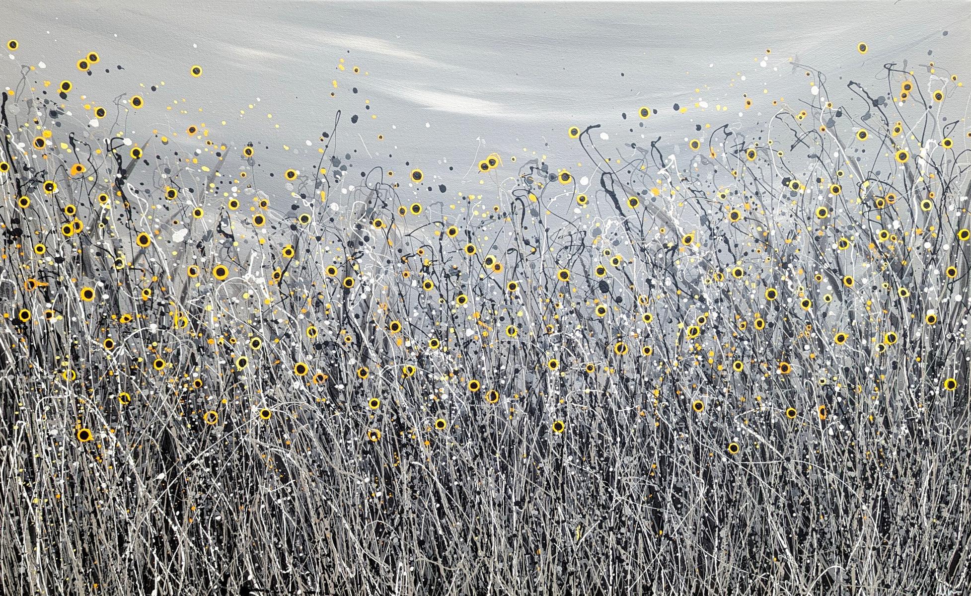 Let The Sun Shine #5, Pintura original, Pradera floral, Naturaleza, Gris, Arte rojo 1
