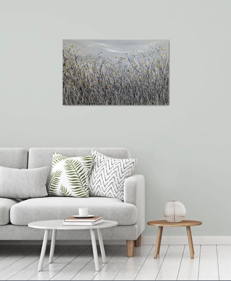 Let The Sun Shine #5, Pintura original, Pradera floral, Naturaleza, Gris, Arte rojo 4