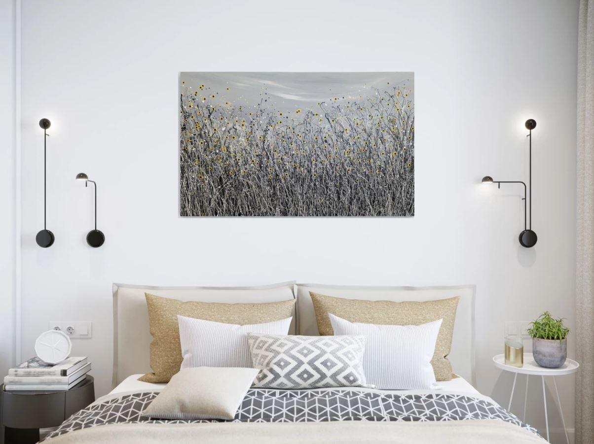 Let The Sun Shine #5, Pintura original, Pradera floral, Naturaleza, Gris, Arte rojo 5