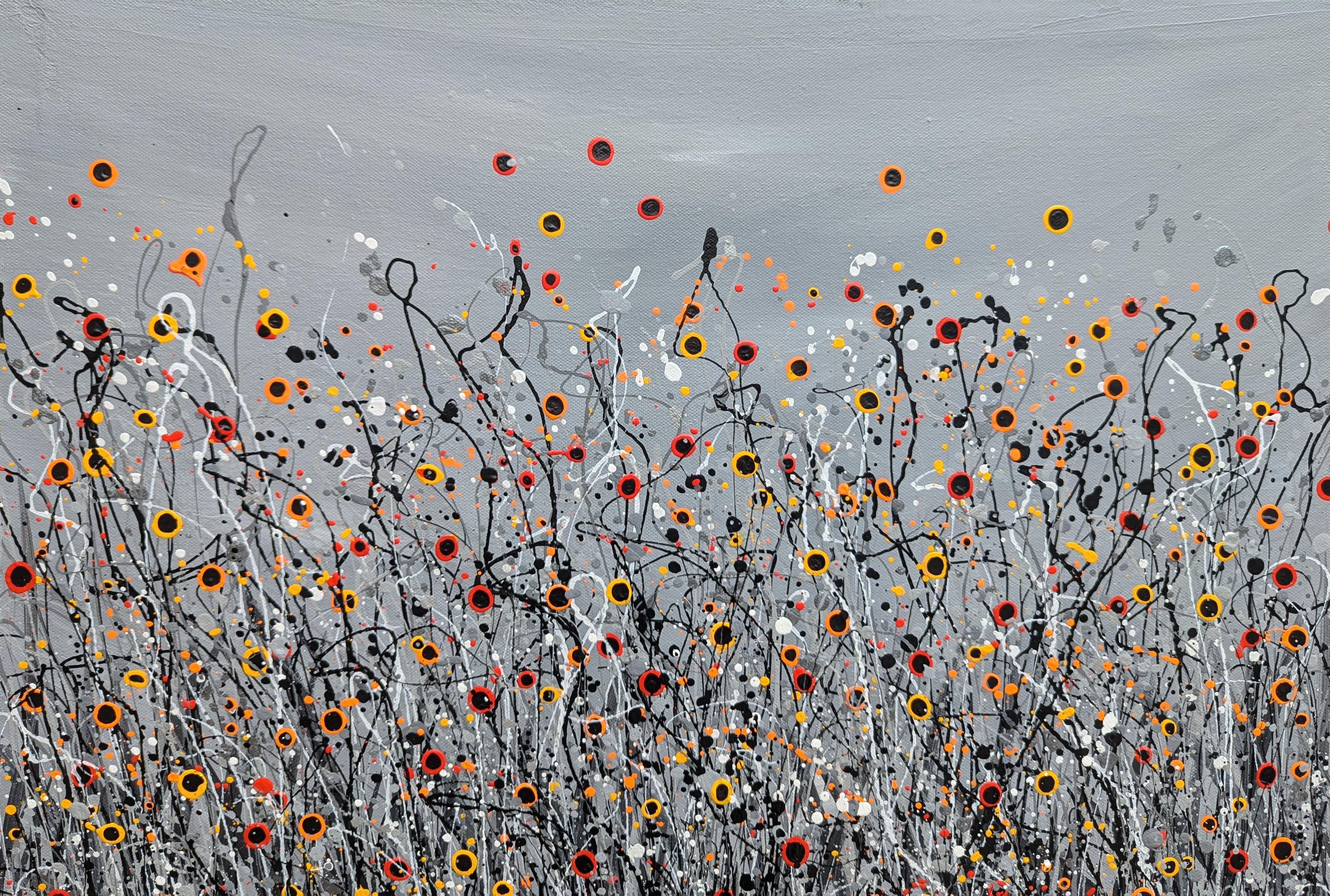 Let There Be Light #20, Quadro originale, Prato floreale, Nature, Grigio, Arte rossa - Painting di Lucy Moore