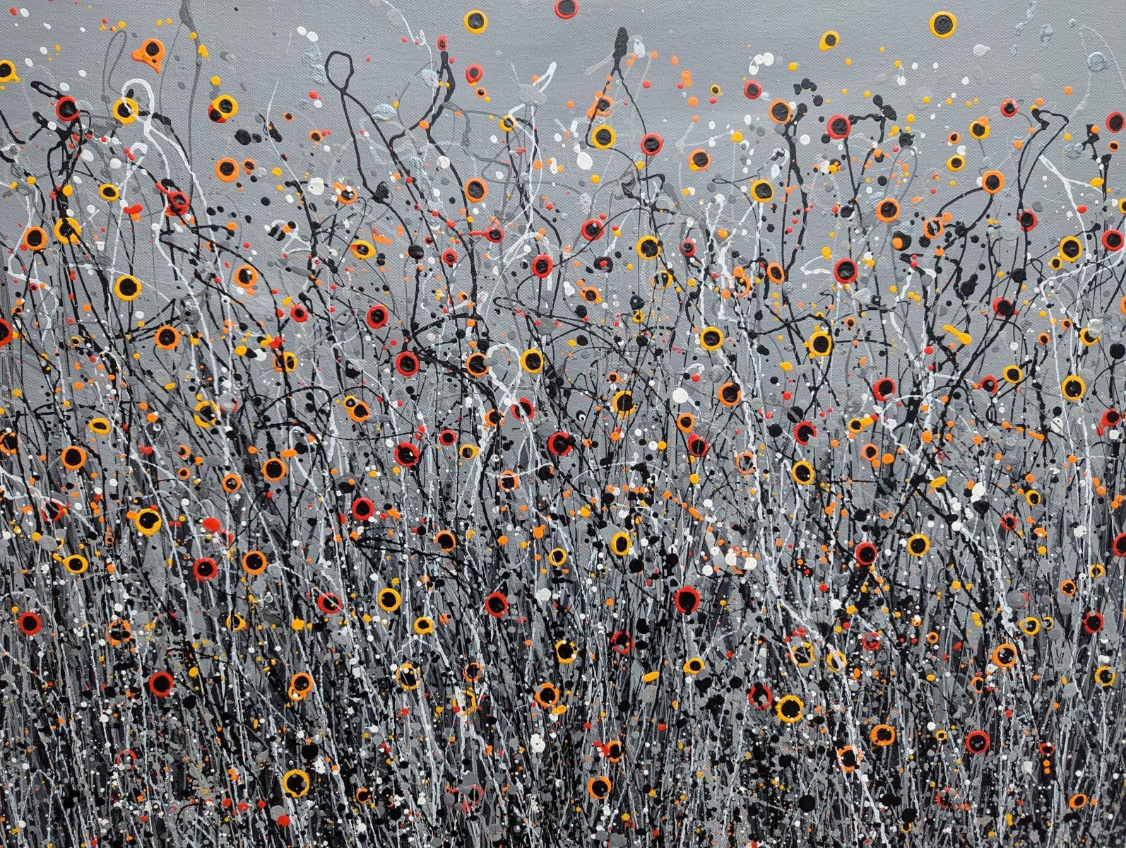 Let There Be Light #20, Quadro originale, Prato floreale, Nature, Grigio, Arte rossa - Painting Contemporaneo di Lucy Moore