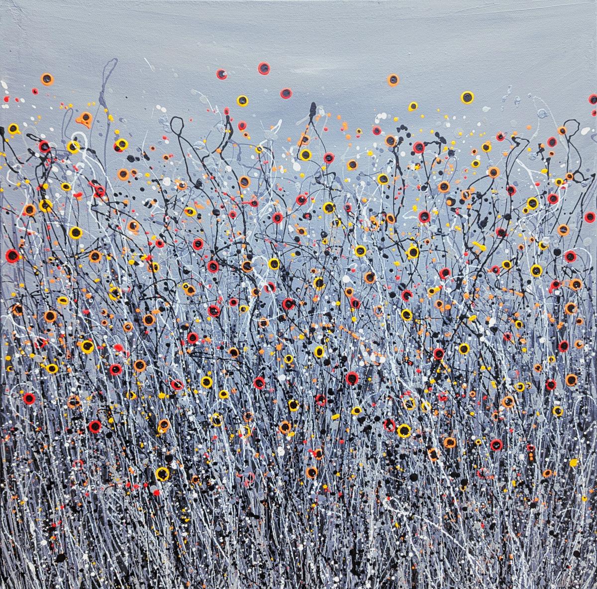 Let There Be Light #20, Quadro originale, Prato floreale, Nature, Grigio, Arte rossa in vendita 2