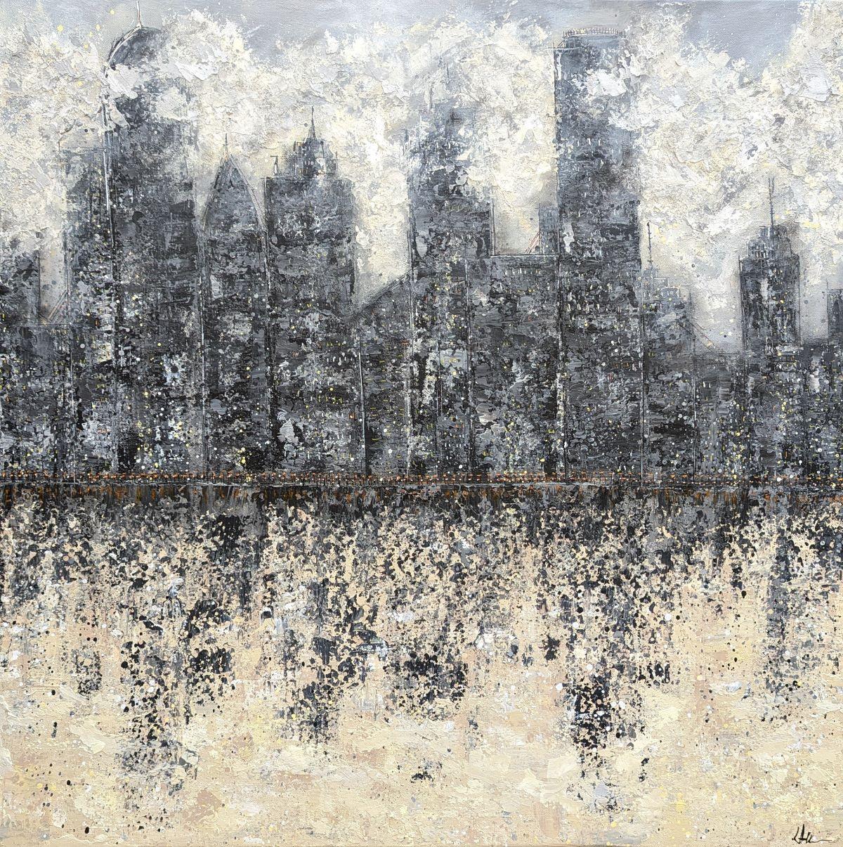 Metropoli di mezzanotte - Testa tra le nuvole, Quadro originale, Nature, Grigio - Painting di Lucy Moore