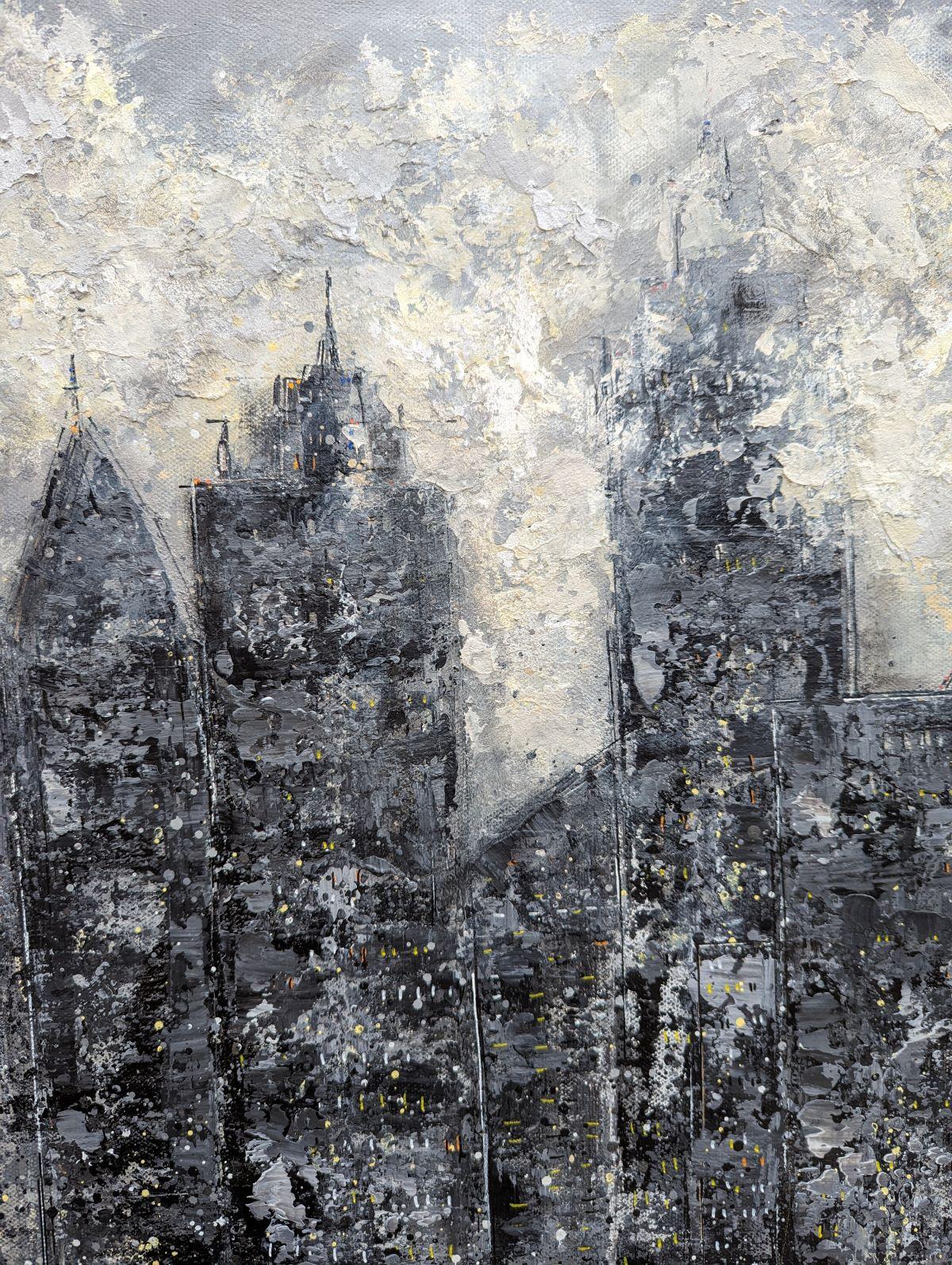 Midnight Metropolis - Head In The Clouds, Original painting, Nature, Grey For Sale 2