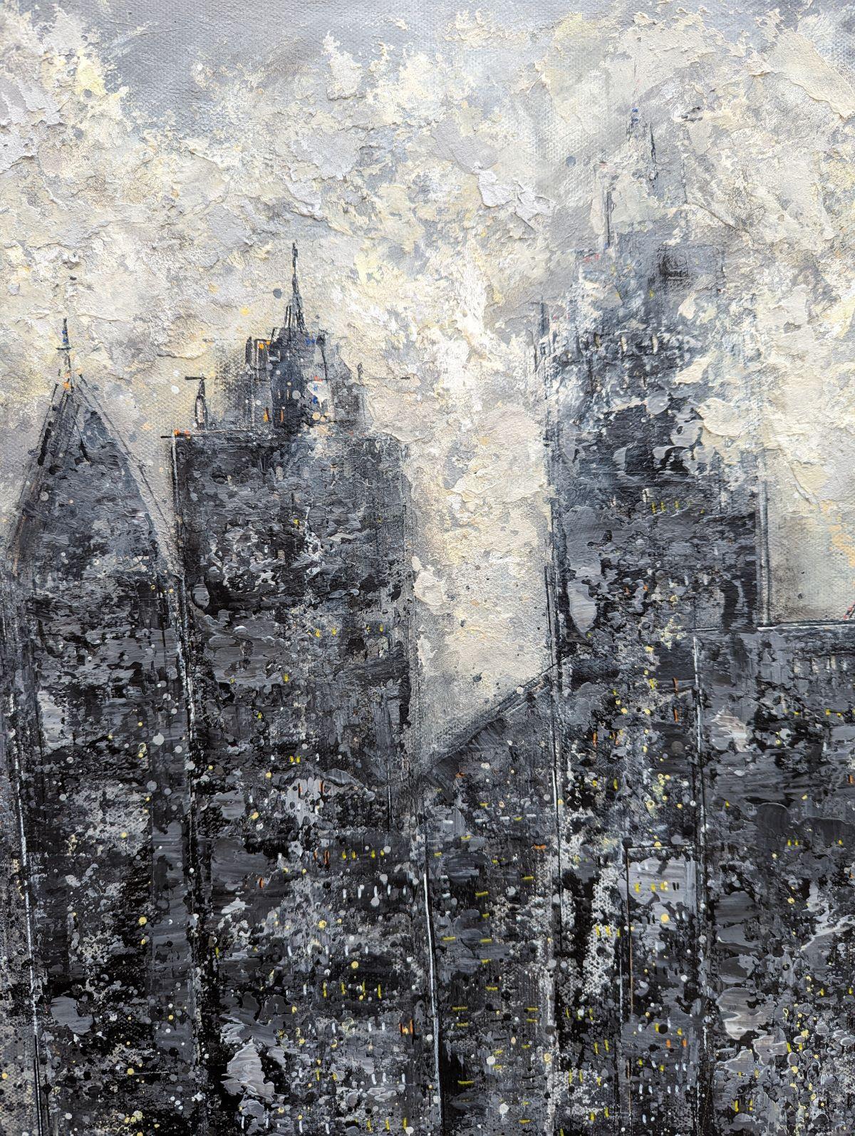 Metropoli di mezzanotte - Testa tra le nuvole, Quadro originale, Nature, Grigio in vendita 2