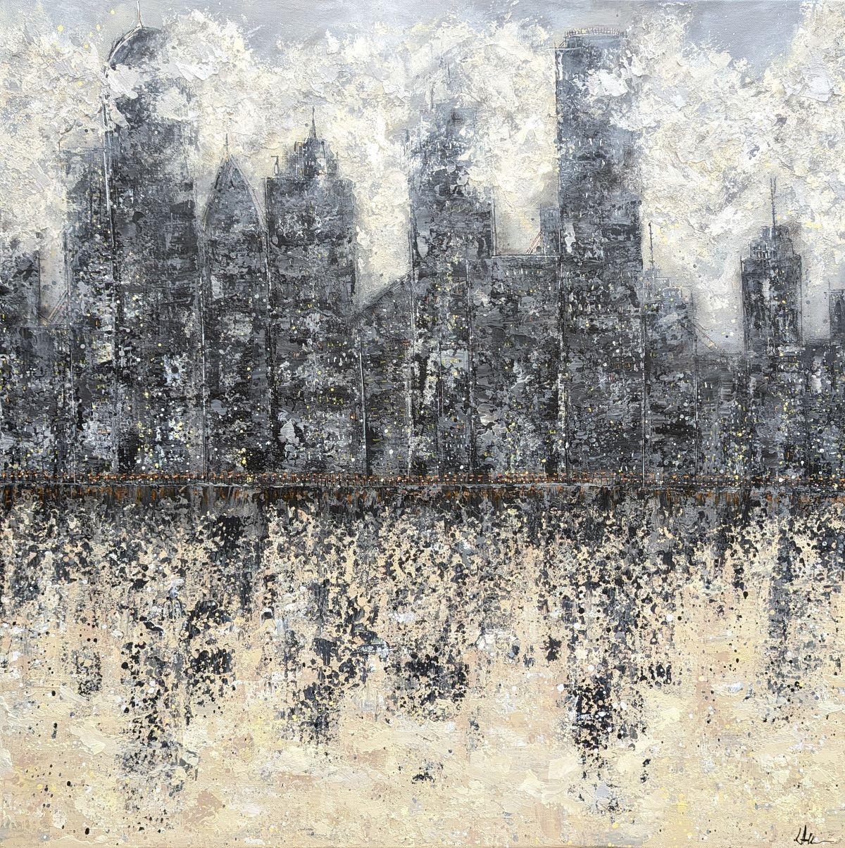 Lucy Moore Landscape Painting - Midnight Metropolis - Head In The Clouds, Original painting, Nature, Grey