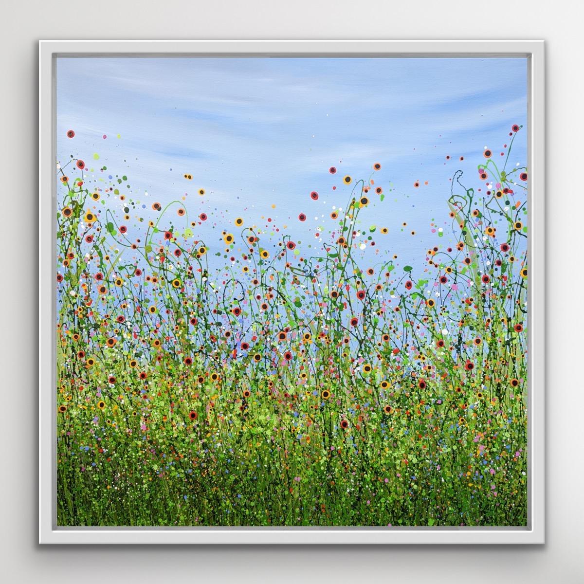 Morning Poppy Meadows #20 - An Original semi-abstract painting by Lucy Moore. Using her signature string grass technique Lucy has created a semi-abstract twist to her classic meadow paintings. Colourful poppies flowering beneath a sunlit skyline.
