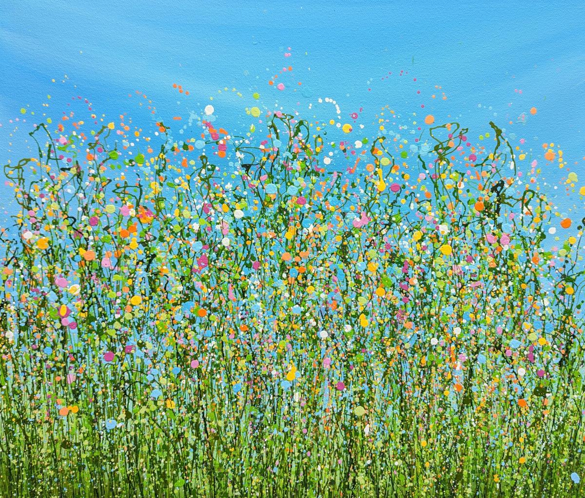 Natures Kaleidoscope - #2 This painting is a vibrant celebration of nature's spontaneity and beauty, depicted through energetic splashes of color and dynamic, abstract forms, capturing the essence of a blooming meadow under a clear blue sky. We love