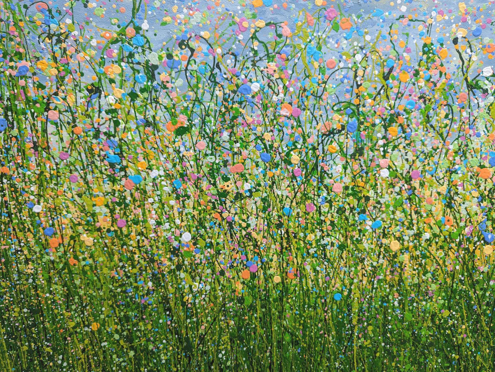 Pastel Spring Dreams #2, peinture originale, prairie florale, Nature, art gris, rouge - Painting de Lucy Moore