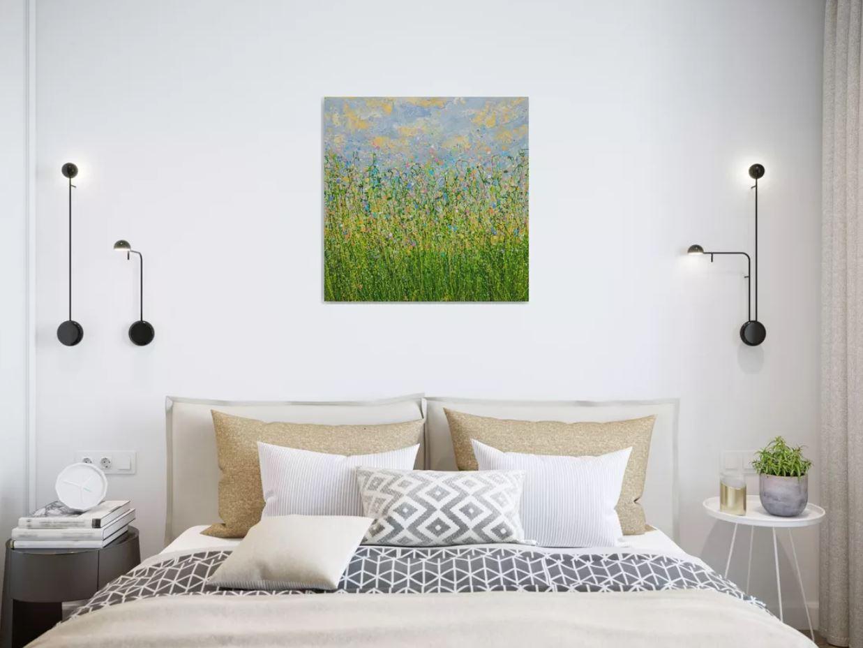 Pastel Spring Dreams #2, peinture originale, prairie florale, Nature, art gris, rouge en vente 1