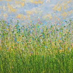 Pastello Sogni di primavera #2, Pittura originale, Prato floreale, Nature, Grigio, Rosso