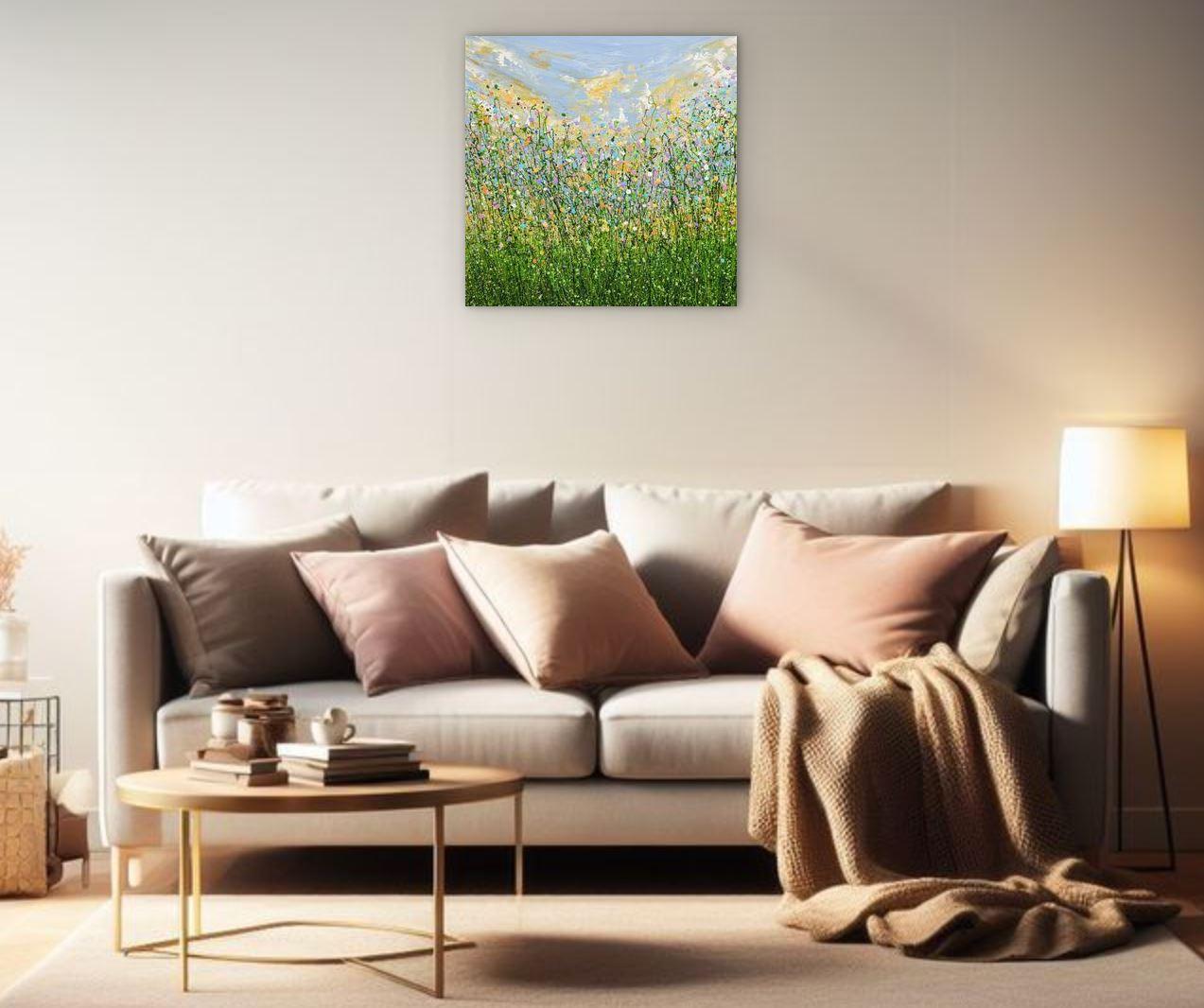 Pastel Spring Dreams, Original Painting, Flowers, Meadow, Sky For Sale 5