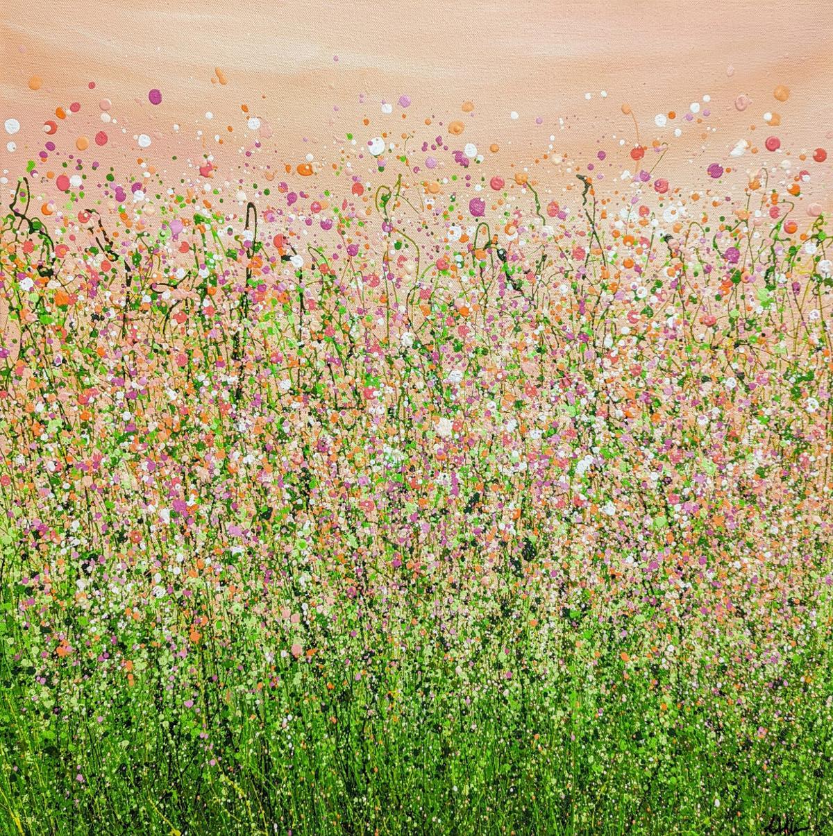 Peaches & Cream Meadow Delight #2 An Original semi-abstract painting by Lucy Moore. Using my signature stringy grass technique I have created a bountiful vibrant meadow with an abstract twist. I used a predominantly Peach, Pink, orange and green
