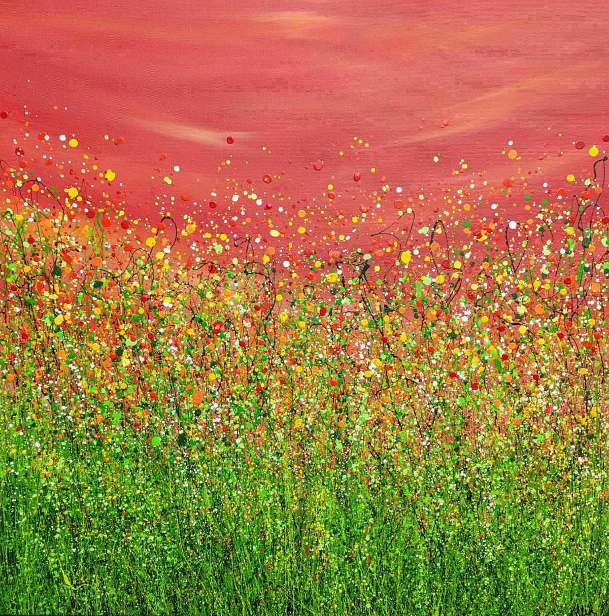 Lucy Moore Abstract Painting - Red Sky at Night #9, Abstract Expressionist Style Landscape Painting, Floral Art