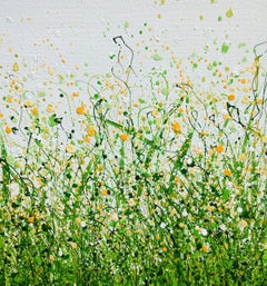 Serenity Meadow #3, Original painting, Floral meadow, Nature, Grey, Red art