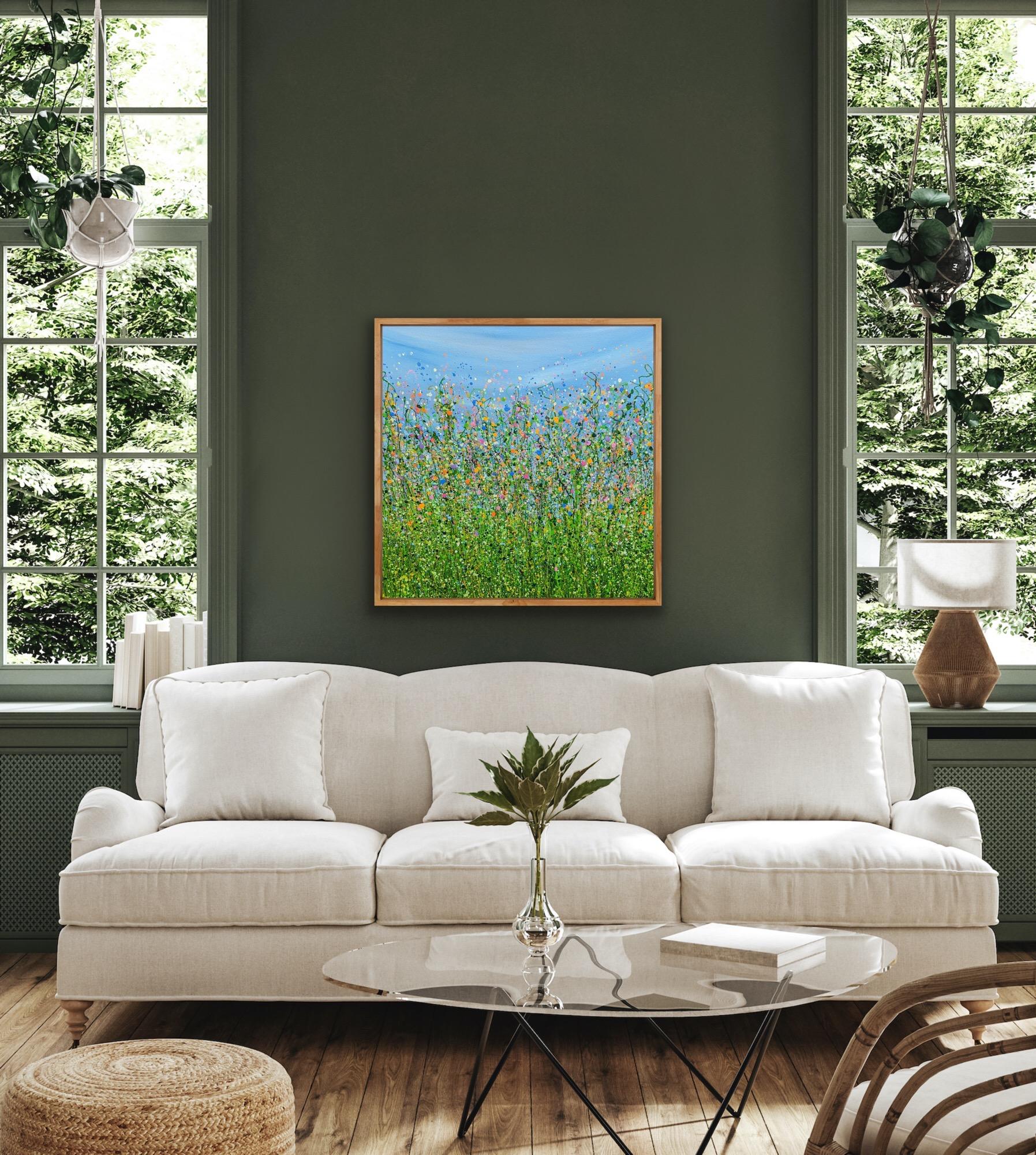 Rêverie printanière, peinture originale, art floral, paysage, prairie, nature, bleu en vente 6