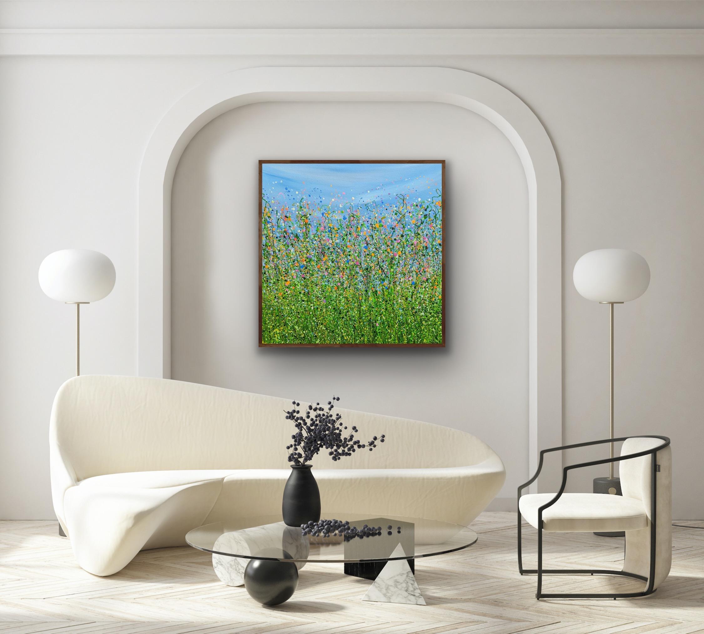 Spring Dreaming, Original painting, Floral art, Landscape, Meadow, Nature, Blue - Painting by Lucy Moore