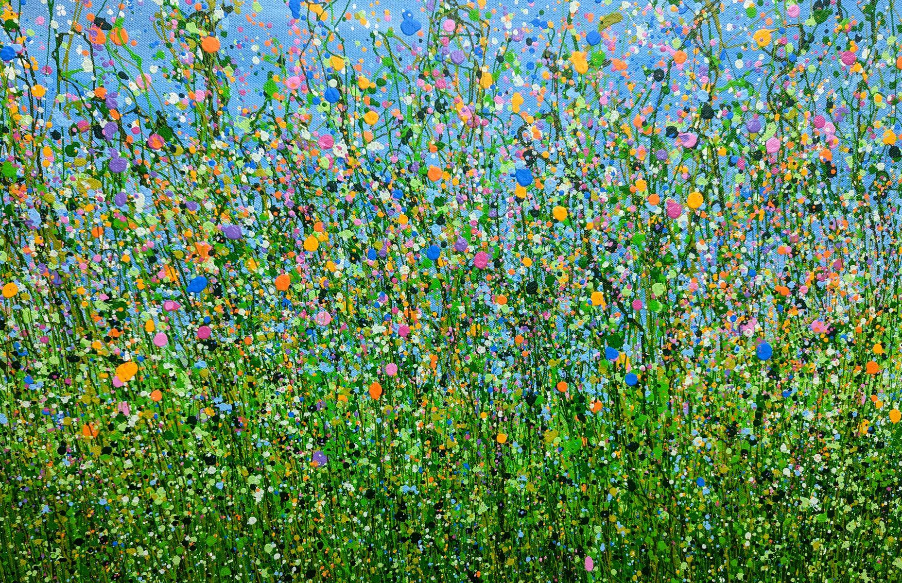 Rêverie printanière, peinture originale, art floral, paysage, prairie, nature, bleu en vente 1