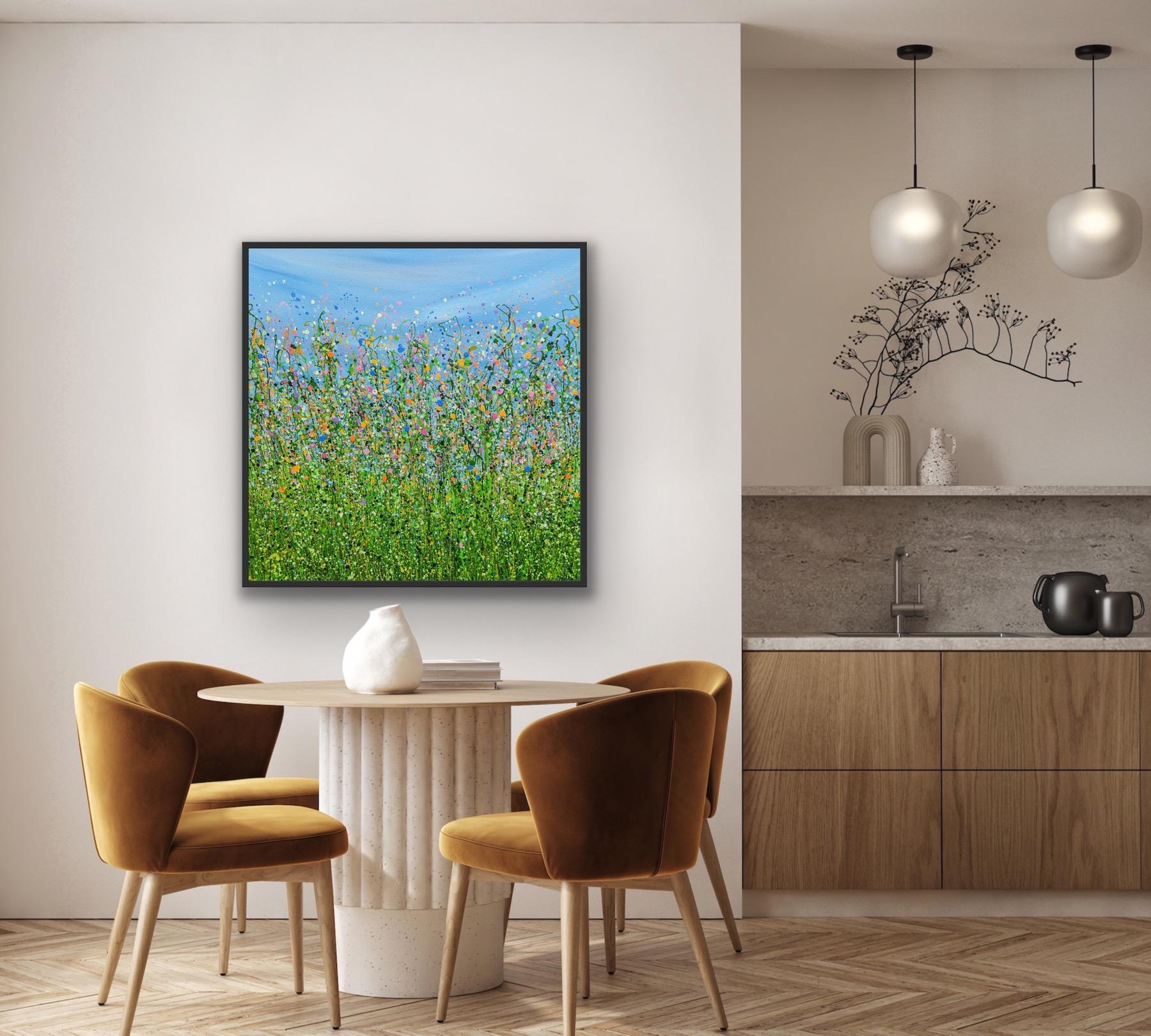 Rêverie printanière, peinture originale, art floral, paysage, prairie, nature, bleu en vente 3